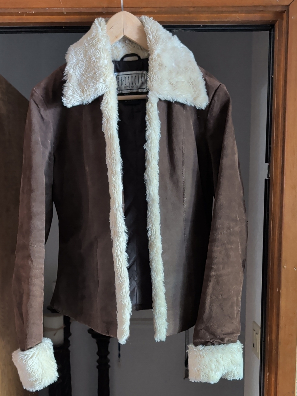 BB Dakota Brown Faux-Suede Bomber Jacket with Cream Faux Fur Trim